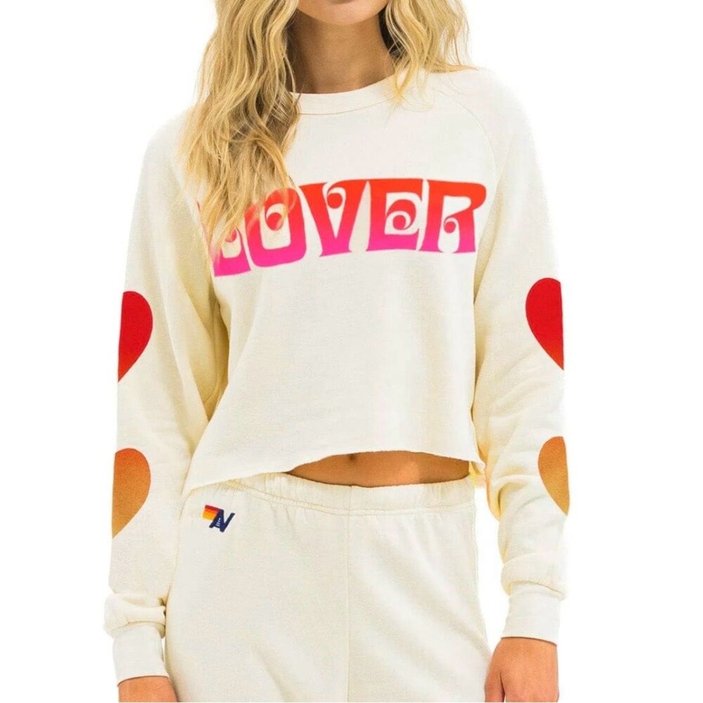 Aviator Nation Lover Heart Cropped Crew Sweatshirt Women’s M - White/Pink NWT